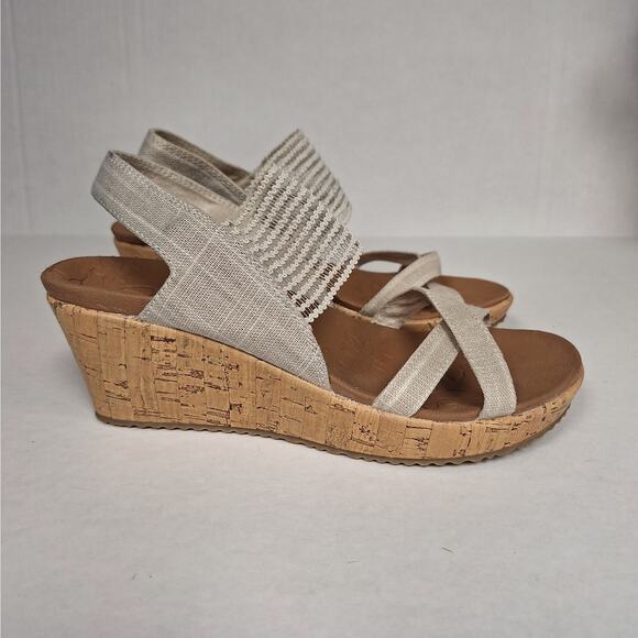 Skechers 7 Beverlee High Tea Strappy Casual Cork Wedges Sandals Natural‎ Tan - Picture 1 of 9